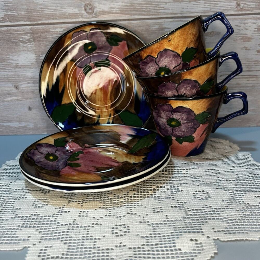 H&K Tunstall Hand-Painted Floral Ceramic Cup and Saucer Set Of 3
